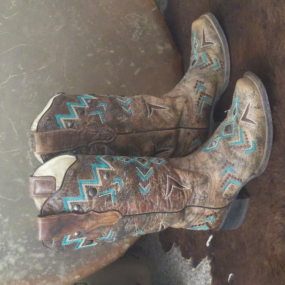 CORRAL E1024 Brown/turquoise aztec distressed cowgirl boots square toe sz 7.5 - Picture 7 of 16